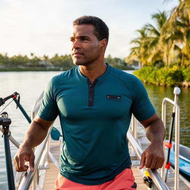Adaptive athlete in a magnetic-closure sports shirt preparing for an accessible watersports session in South Florida