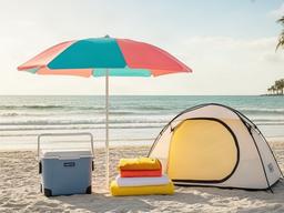 Beach umbrella, cooler, towels, and sun shelter on a Florida shoreline