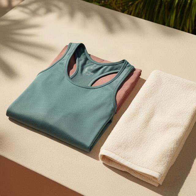 Breathable fitness tank folded with a light towel on a sunlit Florida patio