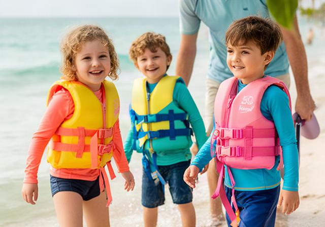 Children wearing colourful USCG-approved life jackets and UPF 50 rash guards at a Florida beach