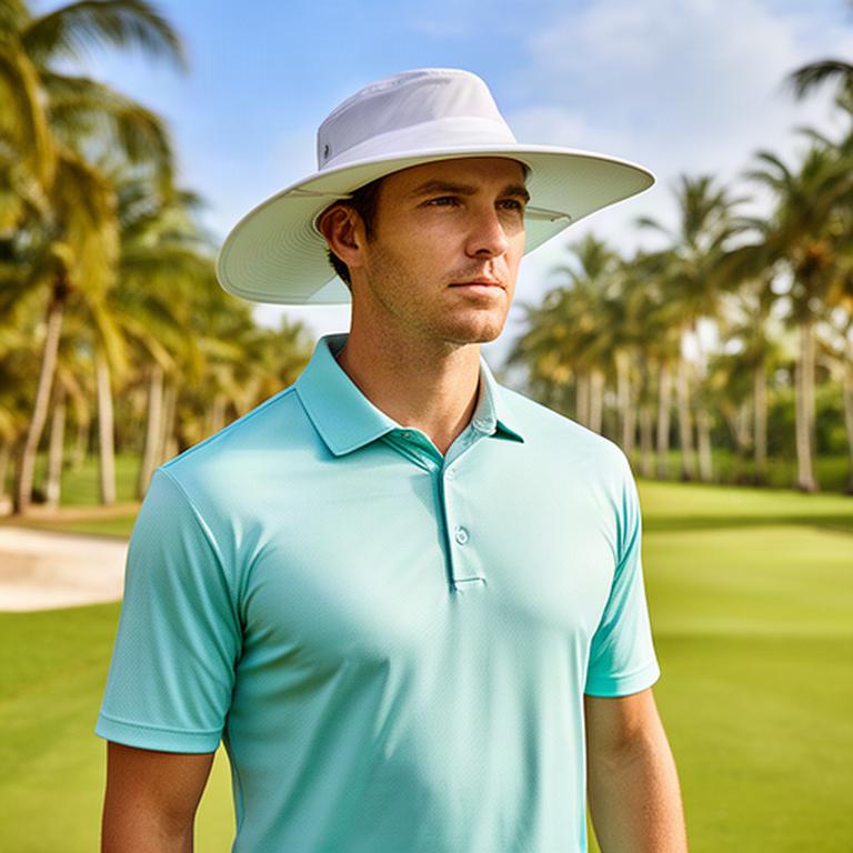Golfer wearing a moisture-wicking polo and wide-brim hat beside a sunny South Florida fairway