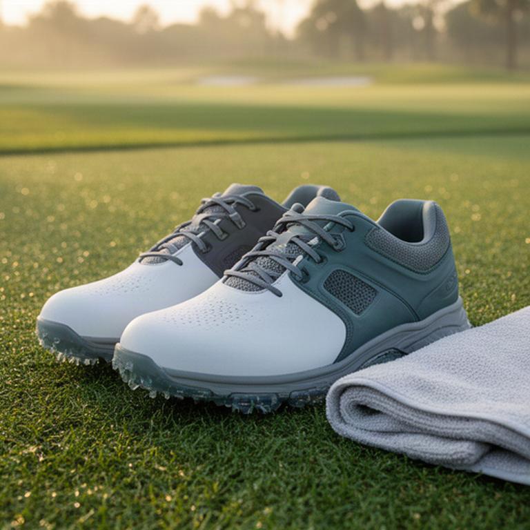 Breathable golf shoes on a manicured Florida course beside a golf towel