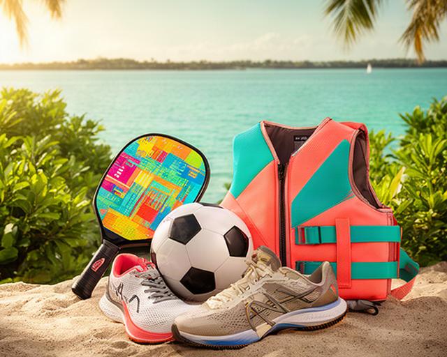 Sunlit sports gear collage with a pickleball paddle, soccer ball, running shoes, and life jacket near the Florida waterfront