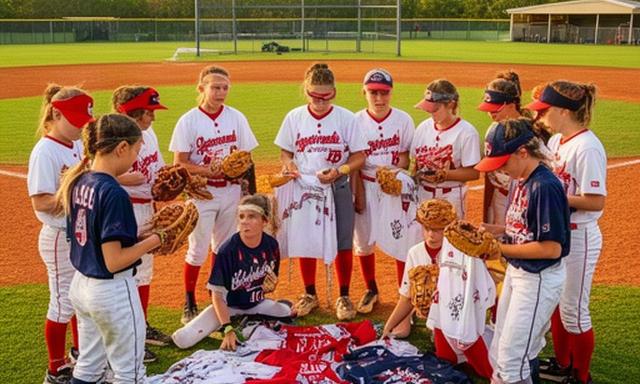 Loggerhead Middle School softball players reviewing jerseys and batting equipment beside their field