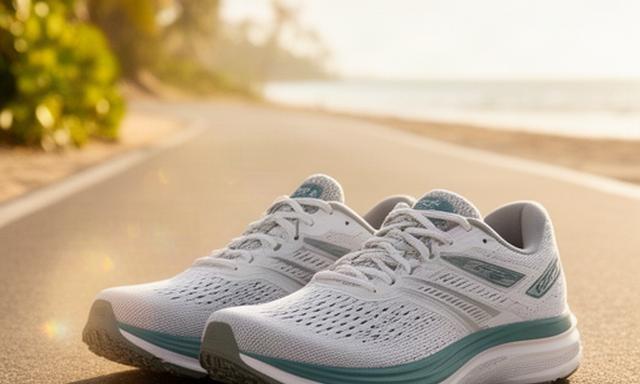Breathable road running shoes beside a sunlit Palm Beach running path