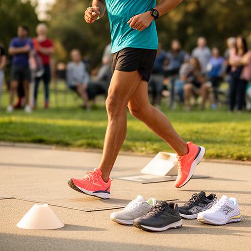 Runner testing a pair of shoes during a small outdoor gear demonstration