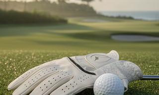 Breathable golf glove and white golf ball beside a green course