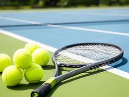 Tennis racket and yellow balls beside a bright outdoor court
