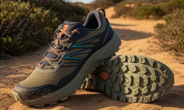 Trail running shoes with textured soles on a sandy coastal trail