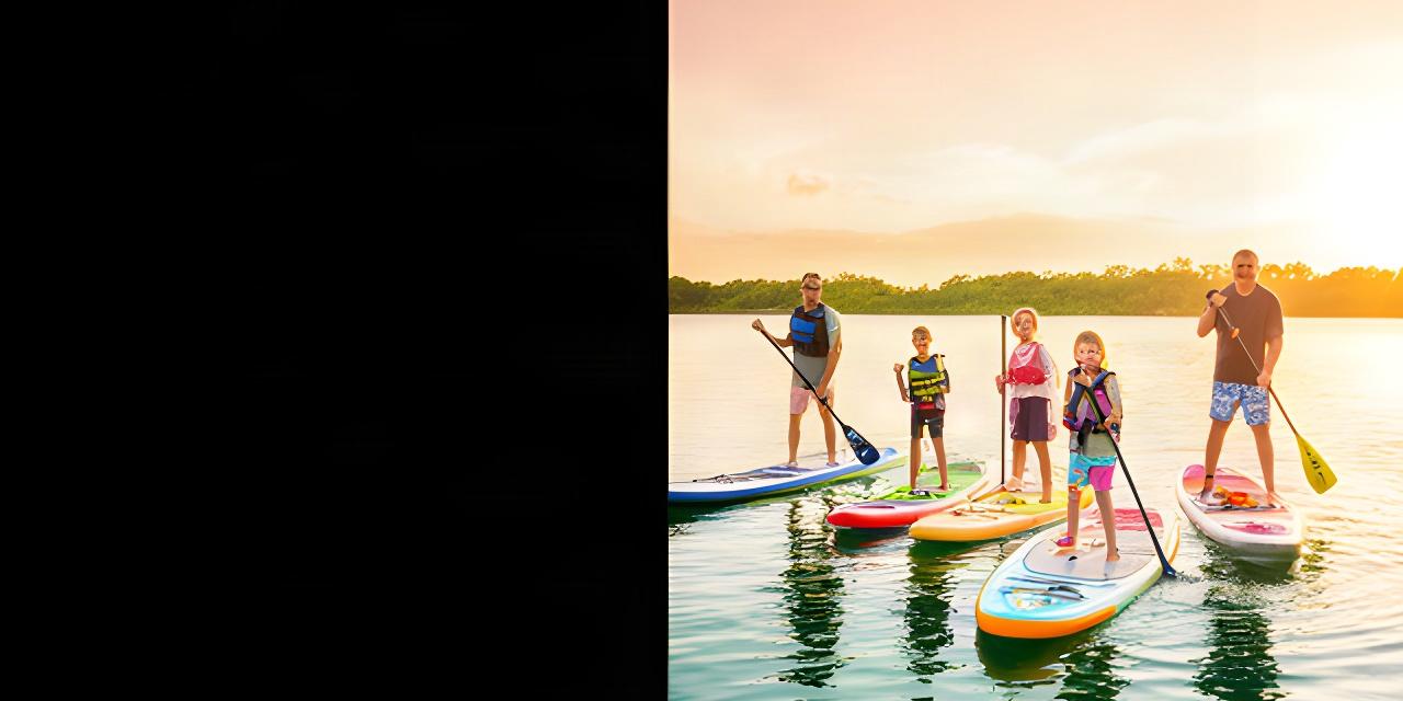 Family paddleboarding across calm Lake Victoria water at sunrise near North Palm Beach