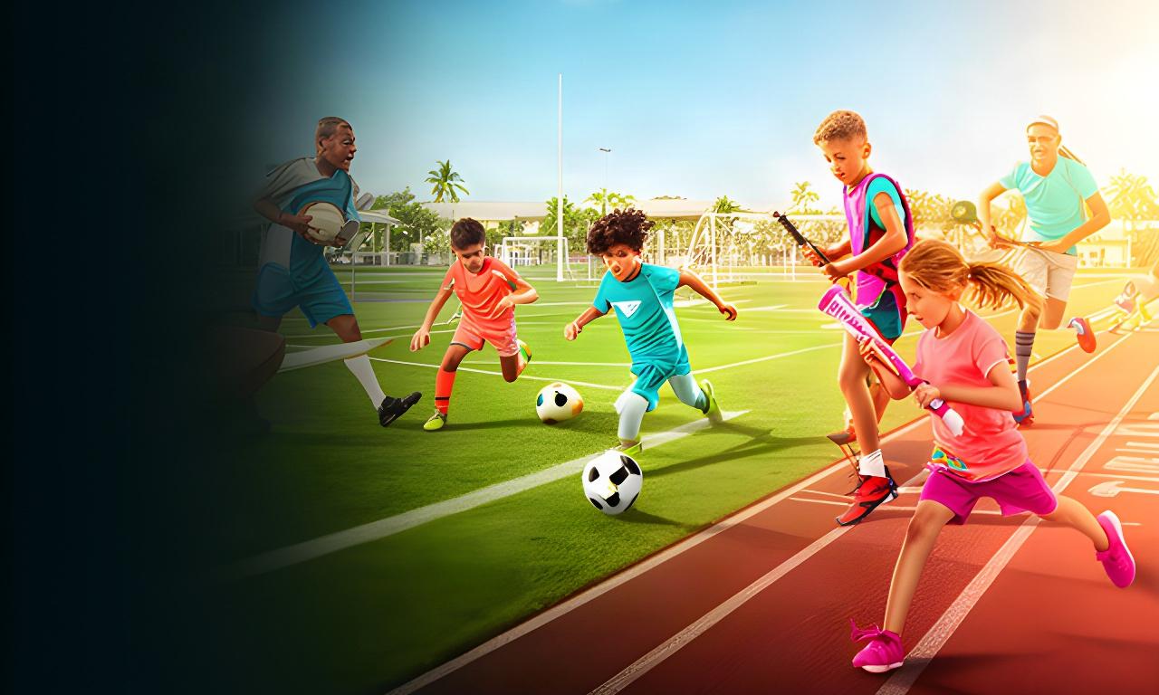 Diverse young athletes playing soccer, baseball, and track on a sunny North Palm Beach school field